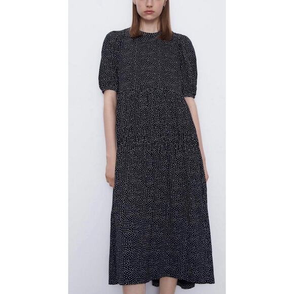 Zara Polka Dot Tiered Midi Dress Women‎ Size Small Black White Boho Flowy Cotton - Picture 4 of 8
